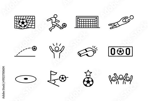 Goal Scoring Icons. Goal scoring. Line outline icon set of Goal scoring: soccer ball net, player kicking ball,
