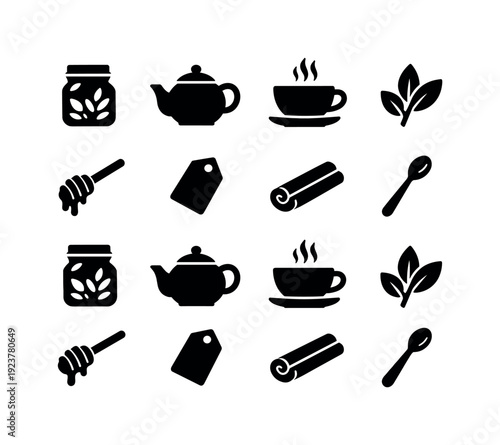 Herbal Tea Icons. Custom herbal blends. Filled icon set of Custom herbal blends: jar of herbs, teapot, tea cup