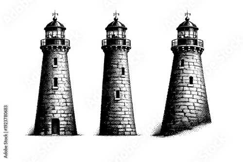 Tower architecture ancient lighthouse tower with tapered masonry form, small windows, and lantern room, presented as front view, side view,