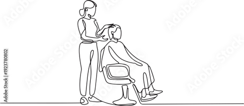 Single continuous line drawing a female barber talks to woman in chair wearing a body covering. Tidy up the hair. National Hairstylist Mental Health Awareness Day. one line Icon drawing