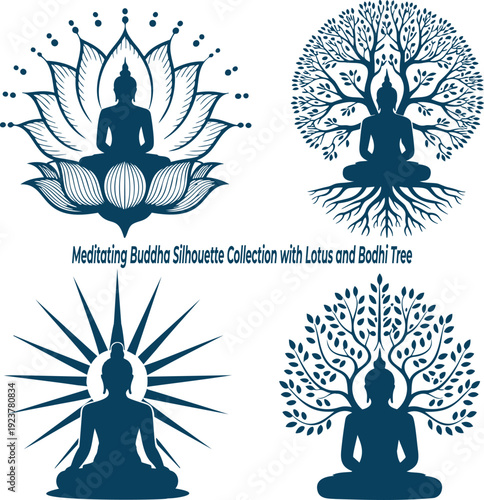 A collection of four serene meditating Buddha silhouettes in blue, integrated with lotus flowers and Bodhi trees