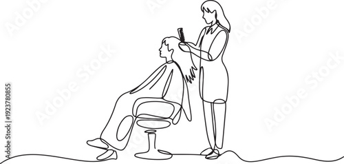 Single continuous line drawing a female barber talks to woman in chair wearing a body covering. Tidy up the hair. National Hairstylist Mental Health Awareness Day. one line Icon drawing