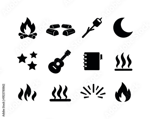 Campfire storytelling theme. Filled icon set of Campfire storytelling theme: campfire, log