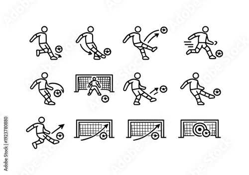 Scoring techniques in soccer. Line outline icon set of Scoring techniques in soccer: inside