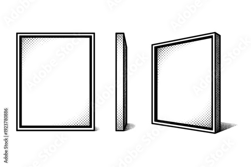 Comic Panel Perspectives. Comic panel frame with bold edges represented as one standalone object displayed in frontal view, side profile view, and