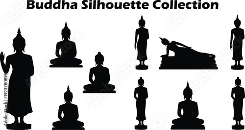 A comprehensive collection of various Buddha silhouettes representing different poses and spiritual enlightenment