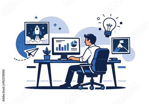 Professional home office. A polished desk setup with chair, monitor, and framed art,