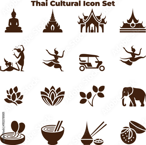 A comprehensive set of brown Thai cultural icons depicts Buddhas, temples, dancers, animals, and food items