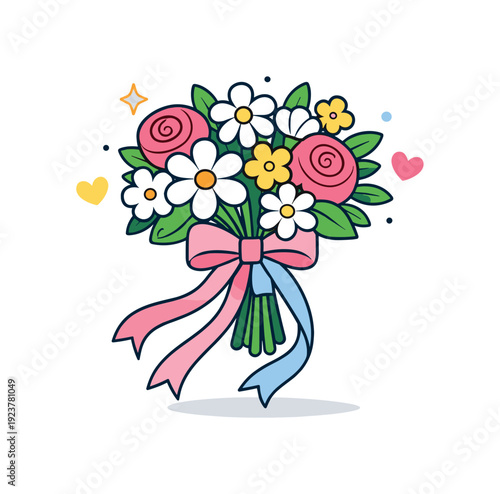 Spring wedding concept an elegant bridal bouquet with blooming flowers and flowing ribbons, symbolizing romance, purity, and seasonal beauty.