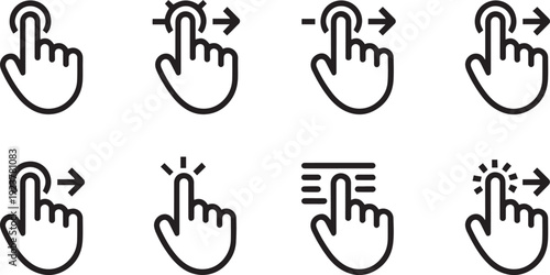 Collection of eight distinct black line icons representing various touch gestures and user interface interactions isolated on white