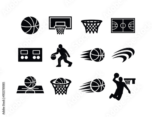 Basketball hoop. Filled icon set of Basketball hoop: basketball, hoop, backboard, net, court
