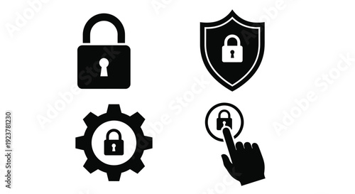 Black security icons depict locks shields and access control silhouette