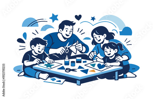 Creative family afternoon. Family gathered around a low table, painting and gluing paper