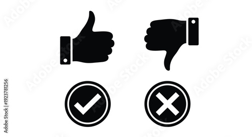 Thumbs up thumbs down and checkmarks as black silhouettes