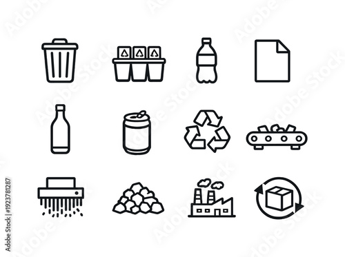 Recycling process icons. Line outline icon set of Recycling process icons: trash bin, waste