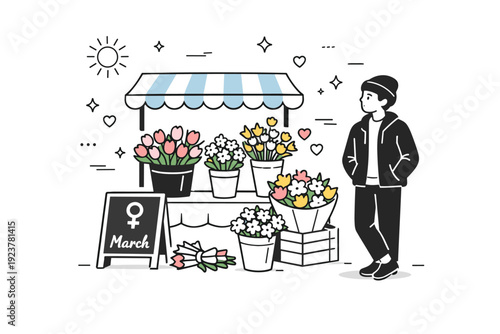 Street flower vendors on March . A lone vendor waiting beside a flower stand, hands in pockets, early daylight around. The mood feels hopeful, patient, and