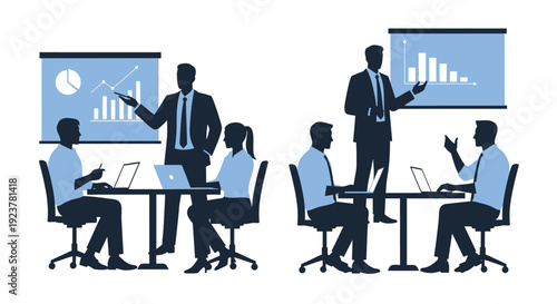 Business meeting with a presenter and team in a modern office silhouette
