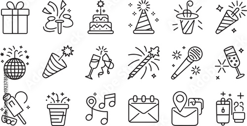 Collection of festive celebration icons including a gift box confetti cake party hat disco ball and champagne glasses