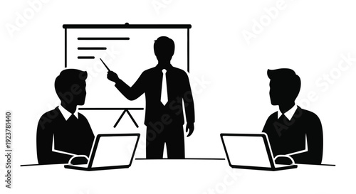 Business presentation with three people in a meeting black silhouette