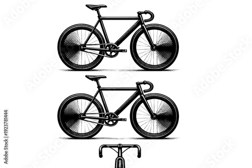 Bicycle minimal object fixed gear bike emphasizing clean frame lines, single-speed drivetrain, and symmetrical wheel design shown in three