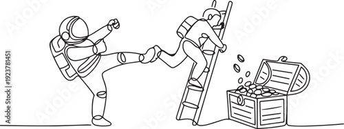 Single continuous line drawing the astronaut kicks opponent who climbs the treasure chest with ladder. Greed for wealth. Betrayal. Unfair business competition. one line Icon drawing