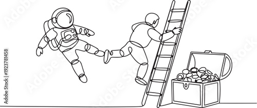 Single continuous line drawing the astronaut kicks opponent who climbs the treasure chest with ladder. Greed for wealth. Betrayal. Unfair business competition. one line Icon drawing