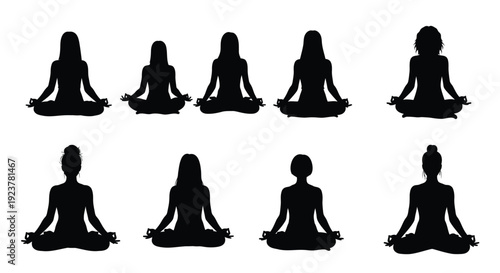 Eight yoga poses depicted in black minimalist silhouettes