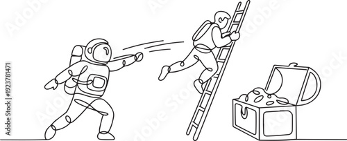 Single continuous line drawing the astronaut kicks opponent who climbs the treasure chest with ladder. Greed for wealth. Betrayal. Unfair business competition. one line Icon drawing