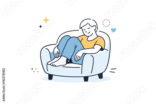 Slouched posture, softened moment. A figure curled gently in an armchair, arms resting on sides or knees slightly raised. Natural stillness without tension.