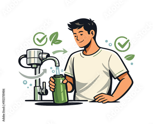 Clean water at home. Person filling a reusable bottle from a water filter tap, relaxed