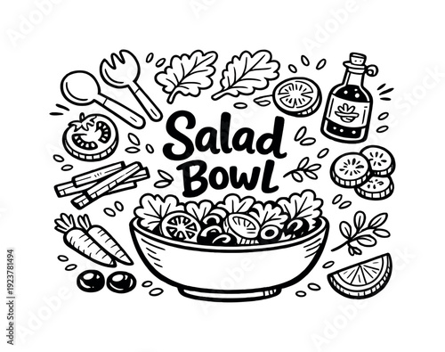 Salad Bowl. Hand-drawn doodle illustration of Salad Bowl. bowl, lettuce leaves, tomato