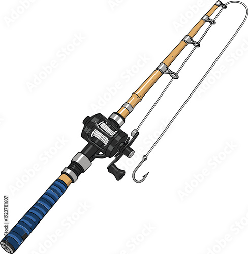 Professional baitcasting fishing rod and reel vector illustration with a silver hook for outdoor recreation and hobby sports design,
