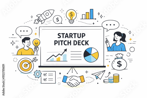 Startup pitch deck visuals. Abstract presentation elements like charts, arrows, and speech bubbles floating around a central slide. Conceptual