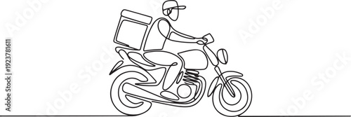 Continuous one line drawing pizza delivery man riding a motorbike and carrying a package bag. Fast food delivery. Pizza Delivery Driver Appreciation Day. one line Icon drawing