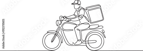 Continuous one line drawing pizza delivery man riding a motorbike and carrying a package bag. Fast food delivery. Pizza Delivery Driver Appreciation Day. one line Icon drawing