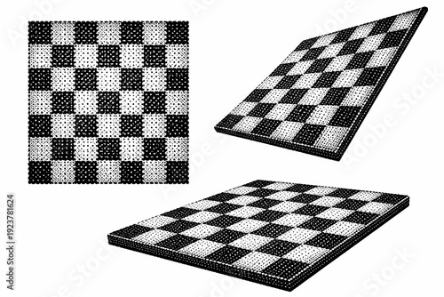 Halftone checkerboard dot pattern illustrated as a single surface object shown in frontal view, diagonal orientation, and three-quarter perspective to convey