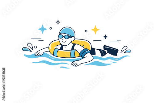 Swimming with adaptive equipment. A swimmer using a float support and customized gear, abstract stars and water-like shapes around, calm and inclusive aquatic