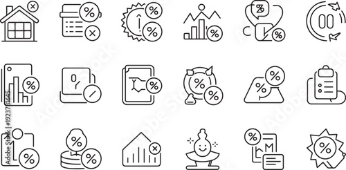 Collection of financial and percentage related icons representing different concepts such as costs discounts or rates