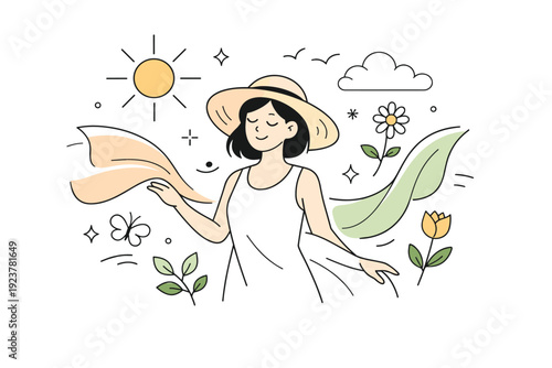 Spring fashion mood. An abstract editorial composition with a person surrounded by light fabrics, sun icons, and simple nature symbols. The scene feels calm,