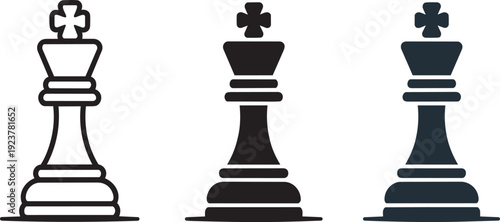 Chess king piece icon set with cross top including line art and filled silhouette vector shapes