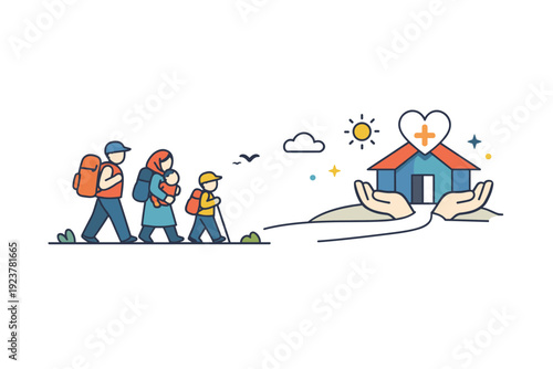 Refugees fleeing disaster represented through a moving line of figures heading toward a distant shelter icon, symbolizing safety, assistance, and humanitarian