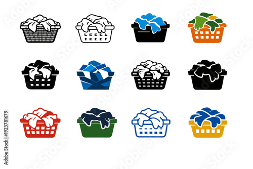 Laundry Basket Overflow. Icon set. Set Logo of Laundry Basket Overflow: wrinkled fabric mass. harmonious logo variations of the same emblematic concept, each