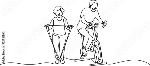 Continuous one line drawing a pair of grandparents are doing fitness on fitness mate. Maintain muscle mass together. National Senior Health and Fitness Day. one line Icon drawing