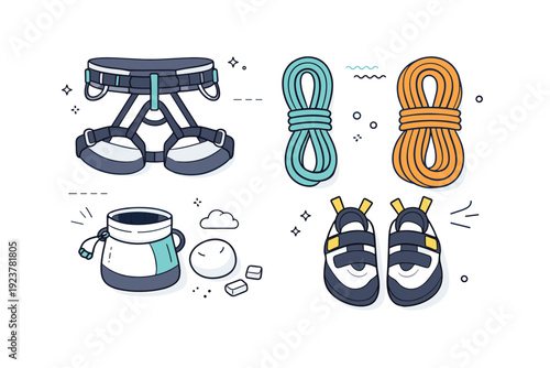 Climbing training flat-lay. Harness, climbing shoes, chalk, and ropes arranged neatly on gym floor from top view. Calm, airy, and organized