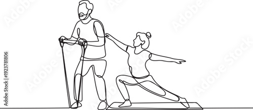 Continuous one line drawing a pair of grandparents are doing fitness on fitness mate. Maintain muscle mass together. National Senior Health and Fitness Day. one line Icon drawing