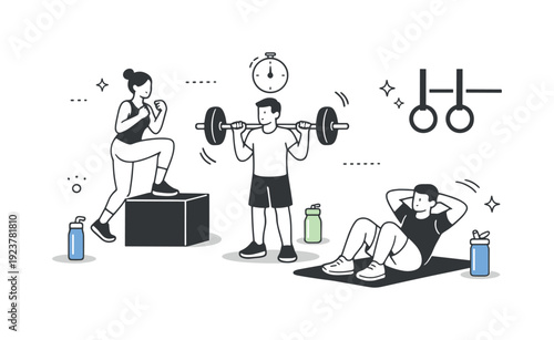 Hydration strategies during training. A gym scene with water bottles placed at different workout stations, easy access and consistent