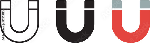 Magnet icons in outline, black, and red with blue tip for physics science and attraction symbol representation