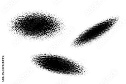 Black and white halftone soft brush swatch A soft-edged brush swatch with smooth dot density transitions illustrated in front view, side view, and