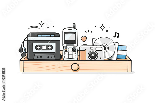 Old electronics kept. A small shelf or drawer with vintage gadgets like a cassette player, flip phone, or early digital camera, neatly arranged.