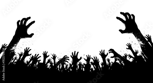 A crowd of silhouetted hands reaching up against a white background, evoking a sense of urgency or a zombie apocalypse.